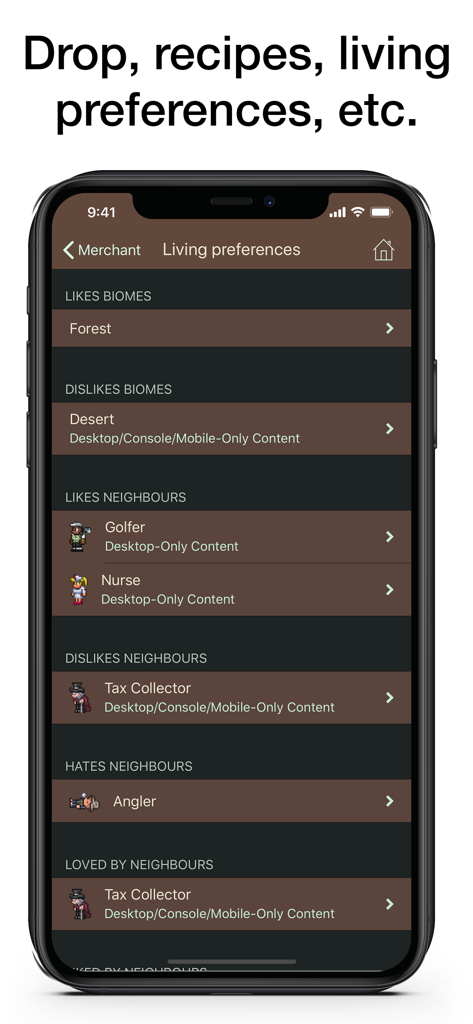 Schermata dello smartphone che mostra le preferenze abitative per l'NPC Mercante in un'app wiki di Terraria