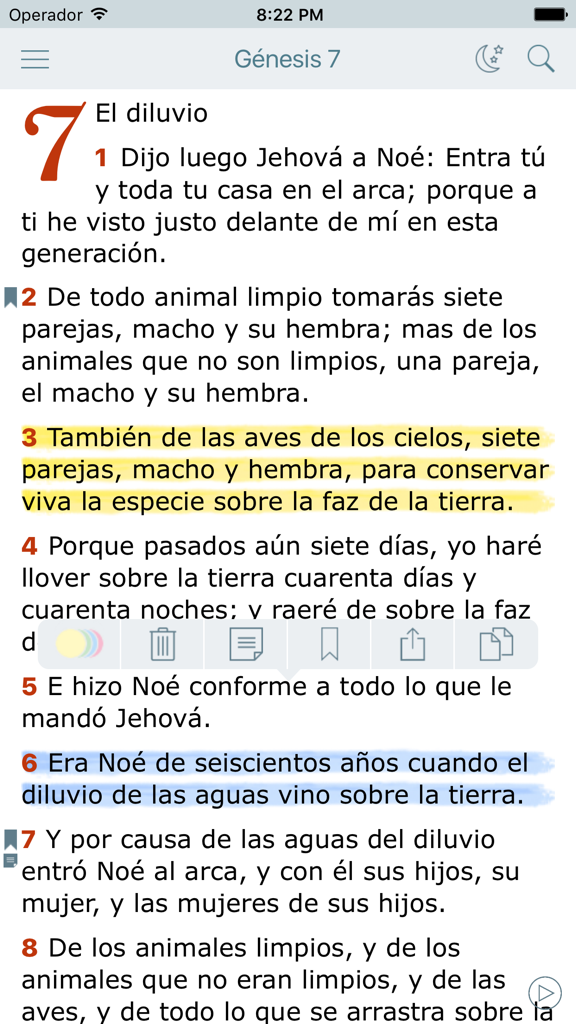 Reading interface of the La Biblia Hablada Reina Valera app showing Genesis 7 with highlighted verses