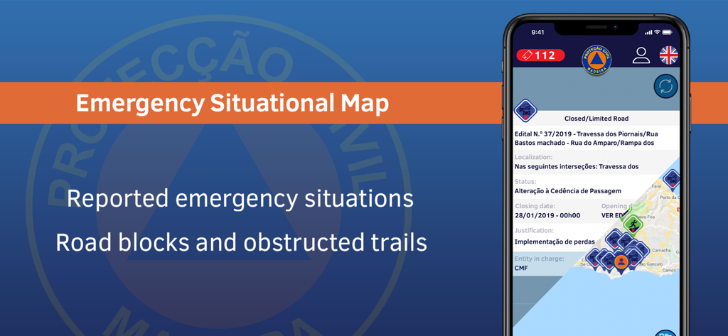 ProCiv Madeira - ProCiv Madeira app interface showing emergency situational map with road blocks and trail alerts.