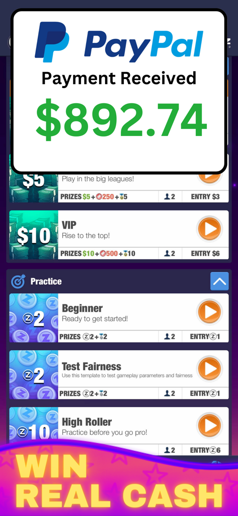 Real Money Slots Stake Casino - Una conferma di pagamento PayPal di 892,74 dollari visualizzata sopra il menu di selezione del torneo del gioco Real Money Slots