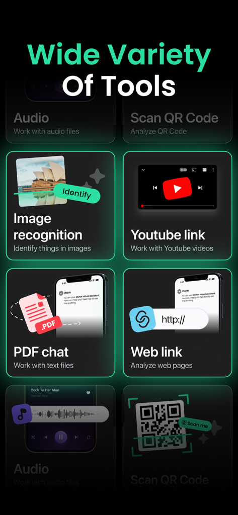 ChatBy AI Chat Bot and Creator - Interface displaying ChatBy AI tools for image recognition, PDF chat, and web link analysis.