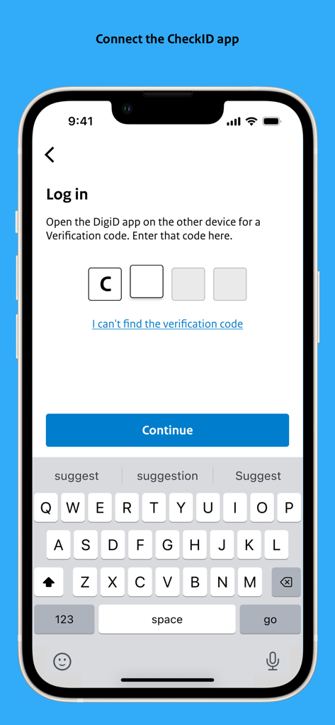 CheckID voor DigiD app login screen showing the verification code entry field for linking devices.