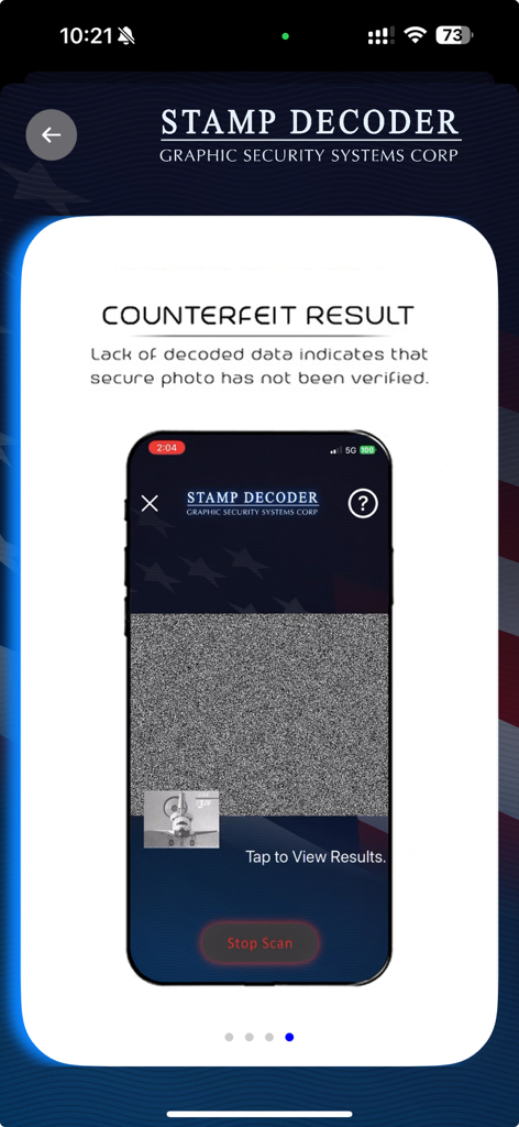 Digital Stamp Decoder - Pantalla de la aplicación Decodificador Digital de Sellos que muestra un resultado falso para un sello escaneado