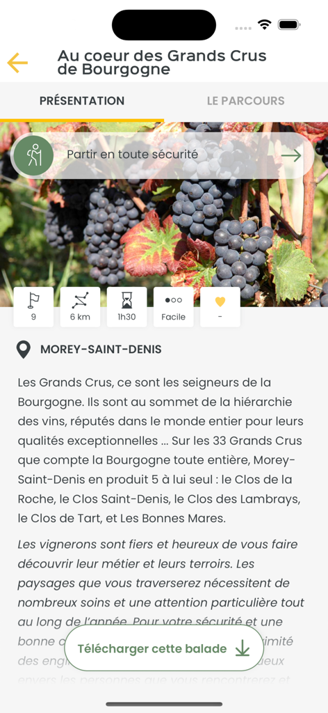 Balades en Bourgogne - Interfaz de la aplicación que muestra una ruta de senderismo por viñedos de Borgoña con detalles de distancia y duración.