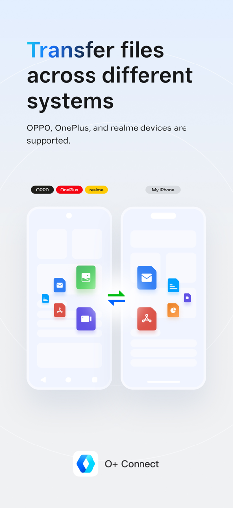 O plus Connect app demonstrating file transfer between OPPO OnePlus realme and iPhone