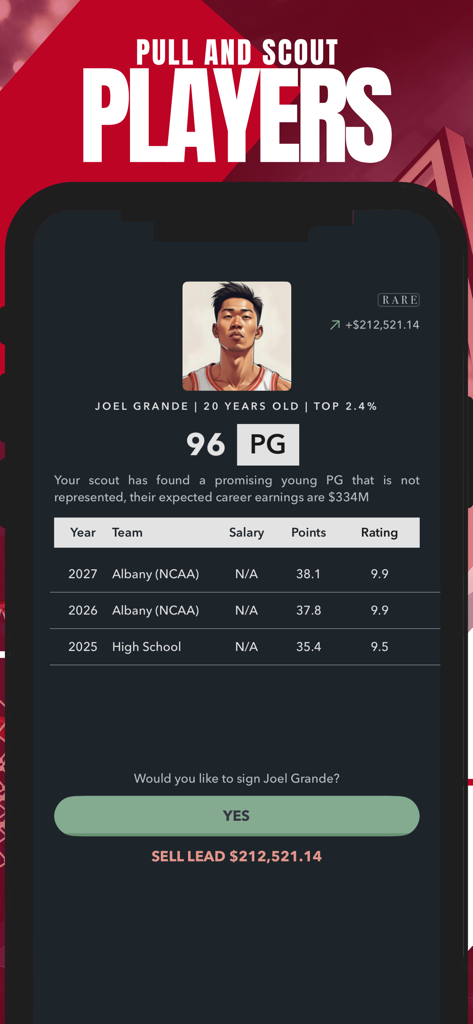 Basketball Agent Manager Star - A scouting profile screen in the Basketball Agent Manager Star app showing a rare point guard player with high stats and signing options