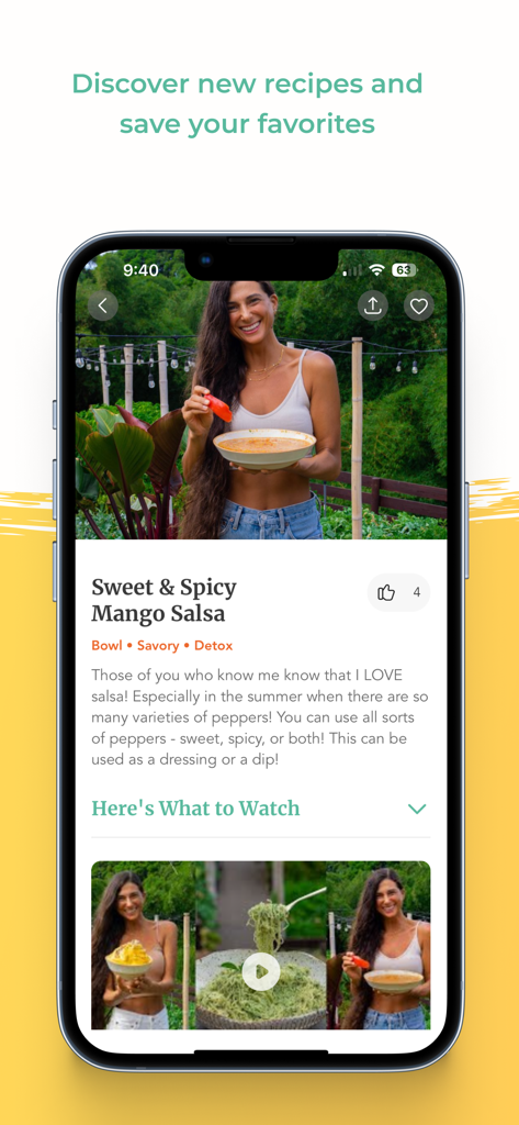 FullyRaw by Kristina app screen displaying a Sweet and Spicy Mango Salsa recipe with instructional videos