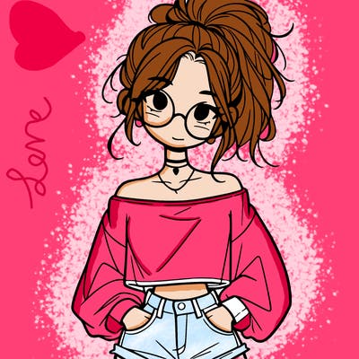 girl with a messy ponytail glasses a baggy crop top and jean shorts