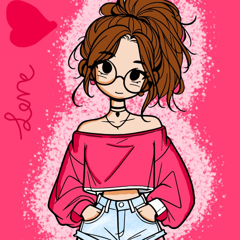 girl with a messy ponytail glasses a baggy crop top and jean shorts