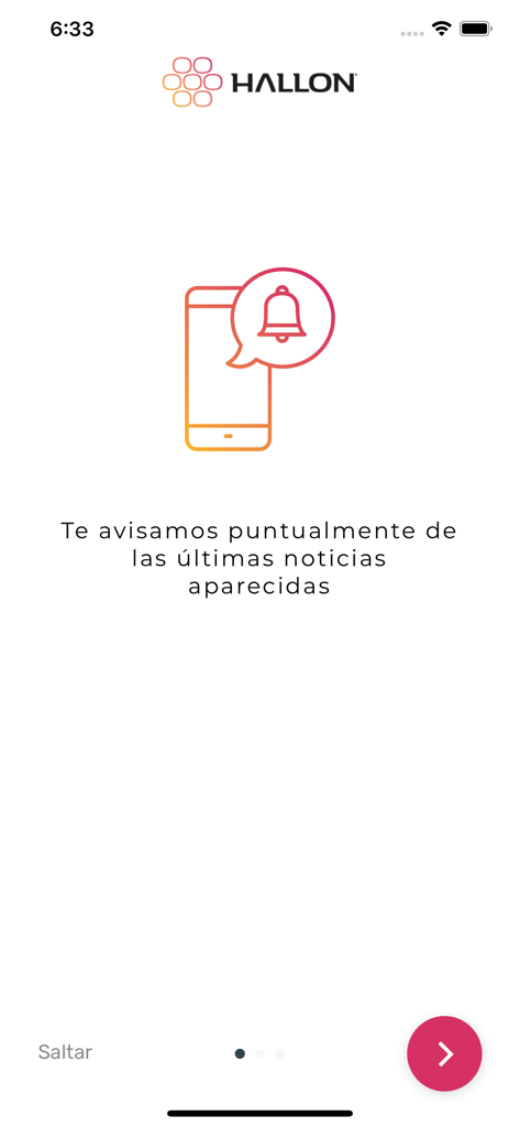 Pantalla de incorporación de la aplicación Hallon mostrando un ícono de smartphone con una campana de notificación para alertas de noticias en tiempo real