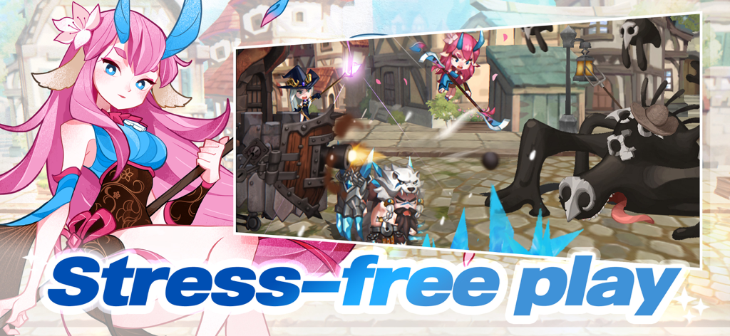 A pink haired anime hero alongside chibi characters in a combat scene with the text Stress-free play