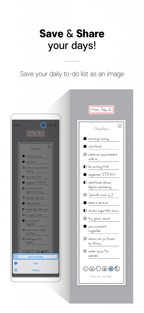Doing Doing - Screenshot of the Doing Doing app showing the feature to save and share a daily bullet journal to-do list as an image