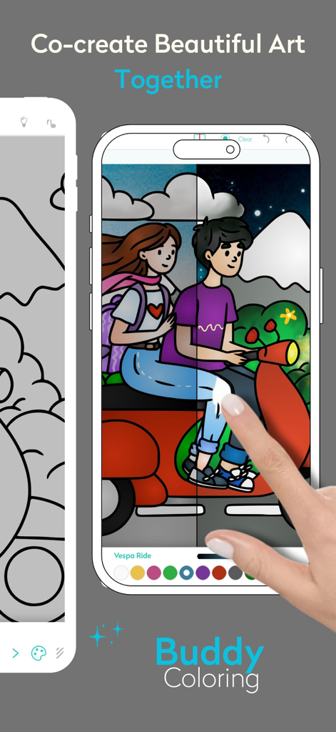 Adult Coloring Book: Chroma - Duas pessoas usando o recurso Buddy Coloring para colorir colaborativamente um desenho de um casal em uma scooter.