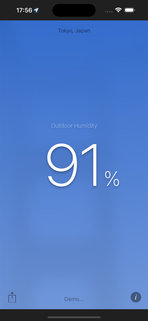 A smartphone interface displaying ninety-one percent outdoor humidity in Tokyo Japan on a blue background