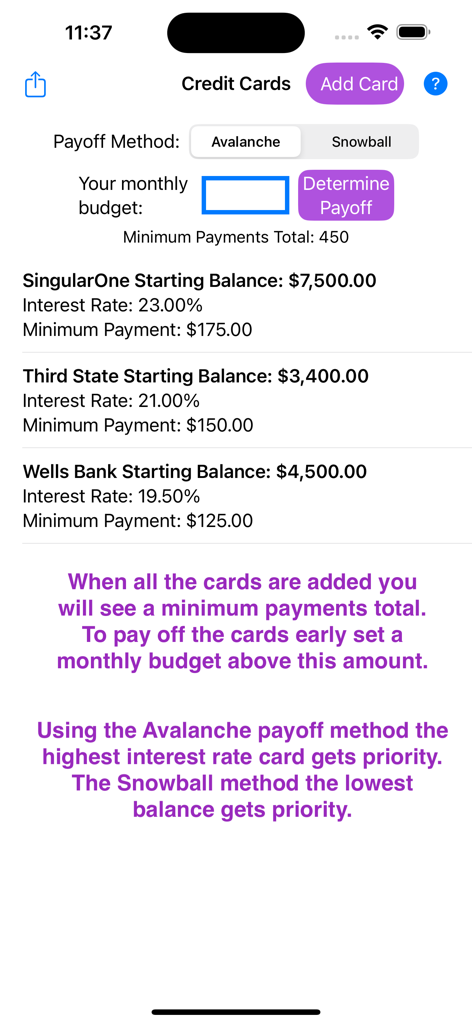 Credit Cards Payoff - Credit Cards Payoff app screen showing credit card balances and payoff strategy options