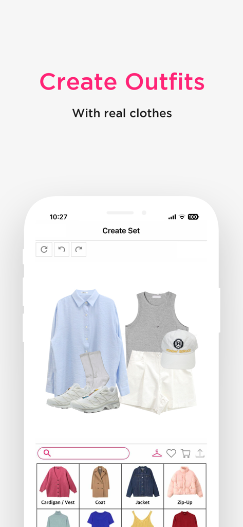 Codibook app mobile interface showing a digital outfit mood board with a blue shirt, white shorts, and sneakers