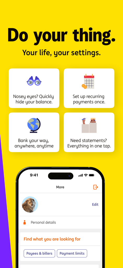 The ING banking app interface displaying personalized settings and core features like balance privacy