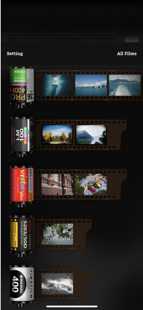 Digital library showing various vintage 35mm film roll presets and their aesthetic photo effects in the FIMO app interface.