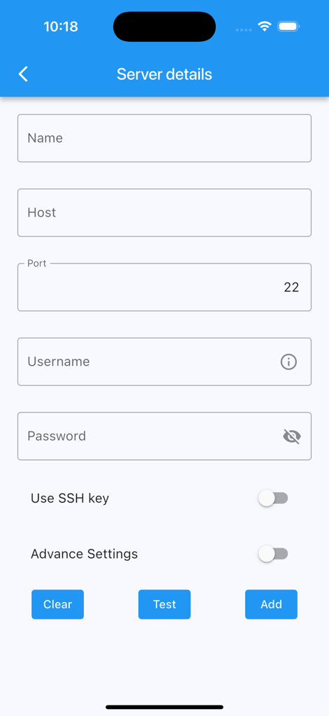 Form for adding server details including host name port and credentials for SSH connection
