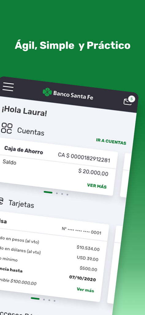 APP Banco Santa Fe - Panel de home banking de la aplicación móvil de Banco Santa Fe que muestra los saldos de las cuentas y la información de la tarjeta de crédito