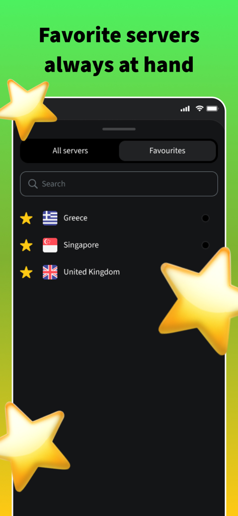 Switch Up VPN - A smartphone screen displaying the favorite servers list in the Switch Up VPN app with locations like Greece and Singapore.