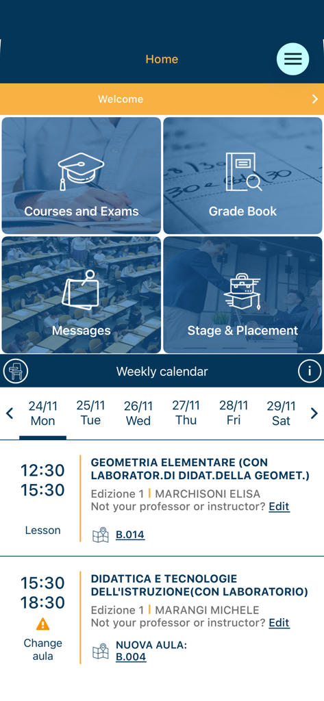 Icatt - Icatt app home screen featuring student menu shortcuts and a weekly calendar with lesson times and locations.