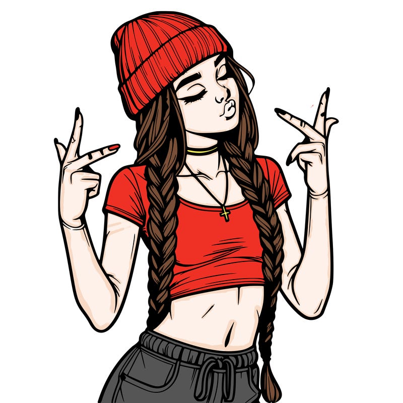 realistic teenage girl with braids and a beanie and crop top doing 🫶🏼