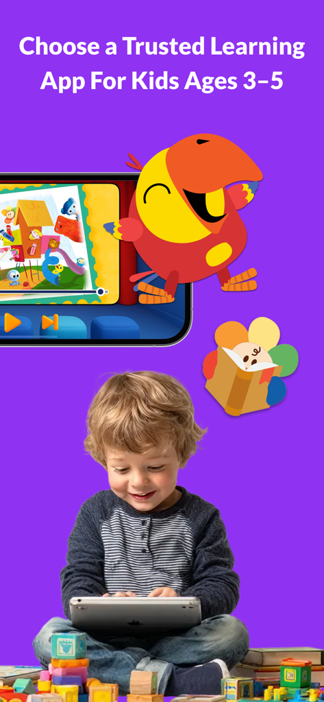 First | Fun Learning for Kids - Un niño sonriendo mientras usa una aplicación educativa en una tableta con personajes de dibujos animados coloridos de fondo.