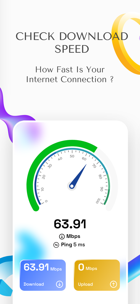 Wifi Internet Speed Test Meter - Wifi Internet Speed Test Meter interface showing a download speed result of 63.91 Mbps
