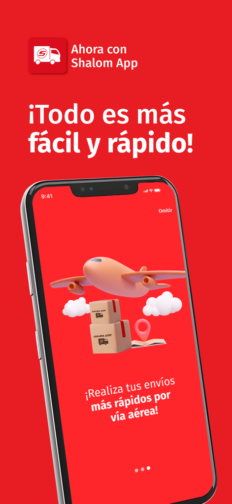Una pantalla de teléfono móvil que muestra un avión 3D transportando paquetes de Shalom con texto promocionando envíos aéreos más rápidos.