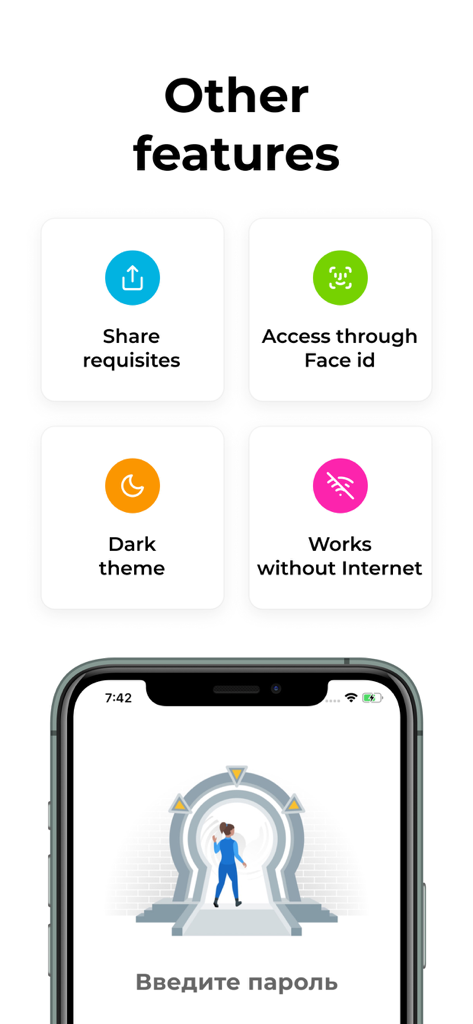 Una visualizzazione delle funzionalità dell'app PIN Wallet, tra cui accesso Face ID, tema scuro e funzionalità offline