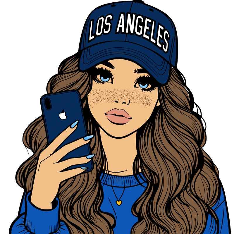 realistic beautiful girl wearing los ángeles cap holding an iphone