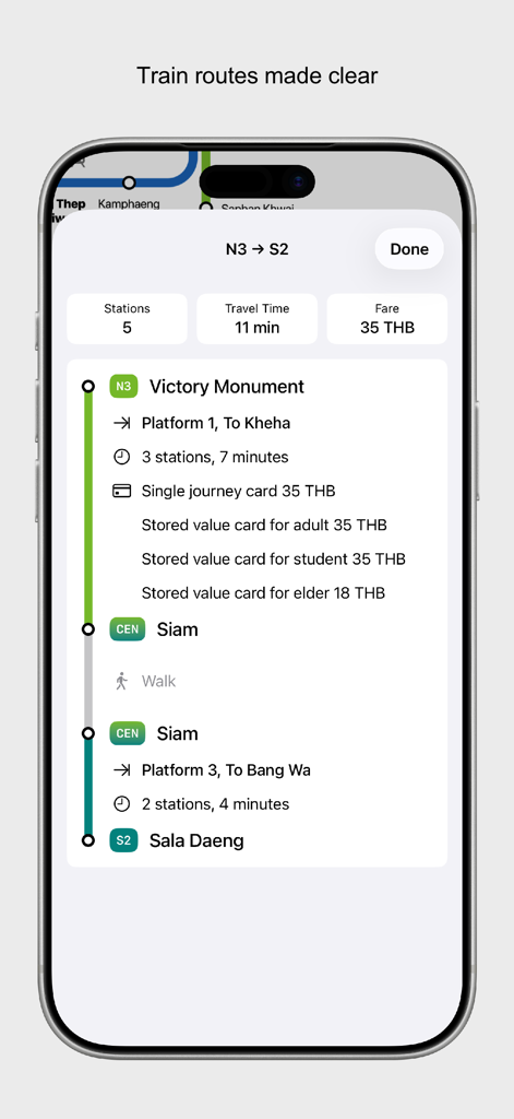 Bangkok City Metro app interface showing travel time fare and station platforms for a route between Victory Monument and Sala Daeng