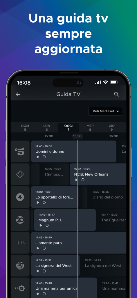 Mediaset Infinity mobile app displaying the Italian TV guide with channel schedules