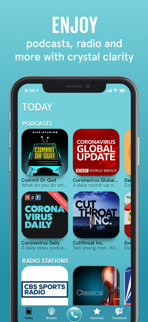 SonicCloud Personalized Sound - SonicCloud app interface showing a selection of podcasts and radio stations for crystal clear listening.