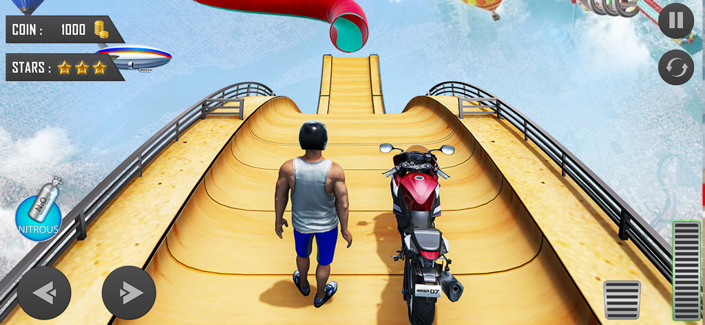 Xtreme MotorBikes Racing Games - A character and a red motorcycle standing on a massive wooden ramp high in the sky with city views and hot air balloons