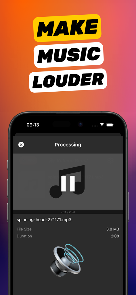 Increase Volume Sound - Interface de l'application Augmenter le Volume Sonore traitant un fichier audio pour le rendre plus fort