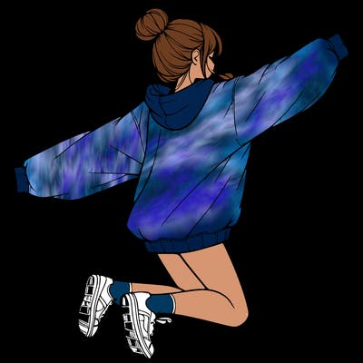 realistic girl jumping with a bun and oversized sweatshirt