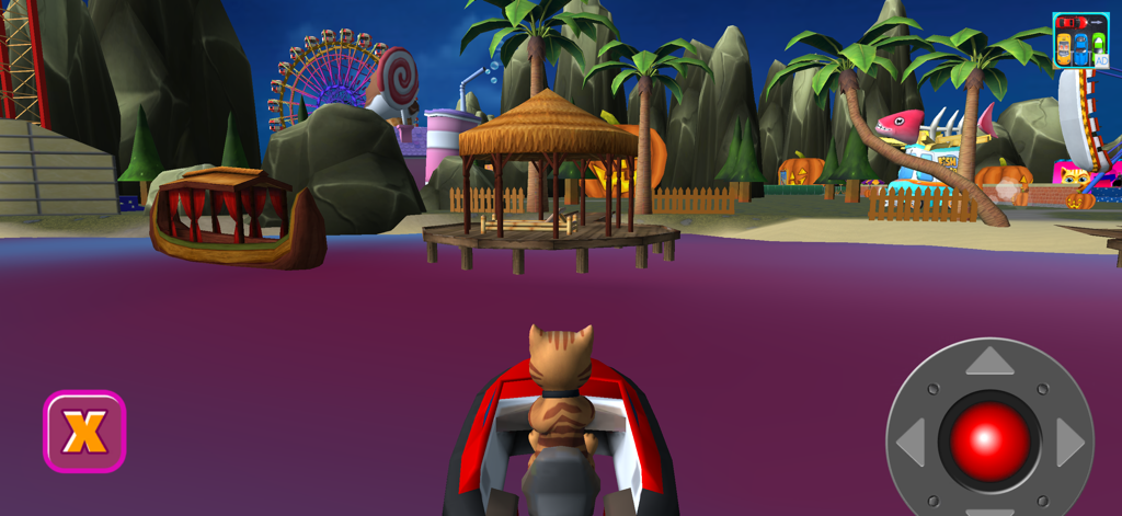 Halloween Cat Theme Park 3D - Leo Catomy conduciendo un bote a través de un espeluznante parque temático de Halloween en 3D