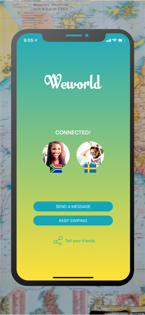Weworld - Match, Chat, Travel - Tela do aplicativo Weworld mostrando uma conexão entre dois usuários internacionais da África do Sul e da Suécia