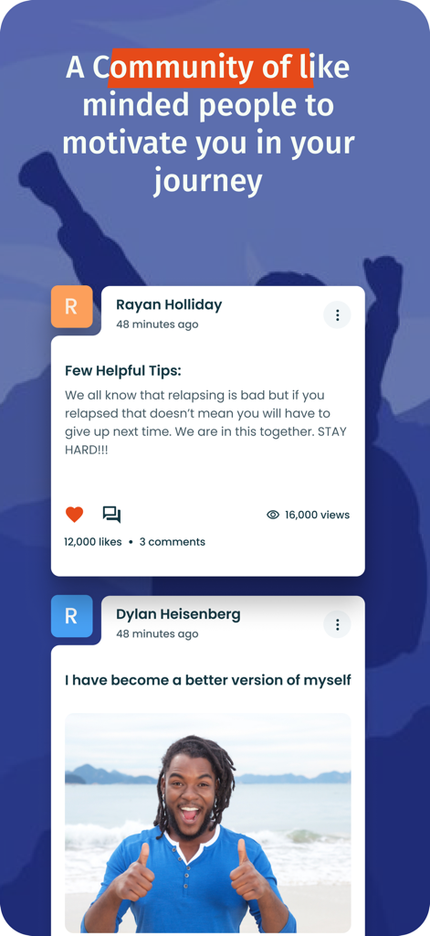 BlockerX app community forum screen with motivational user posts and success stories