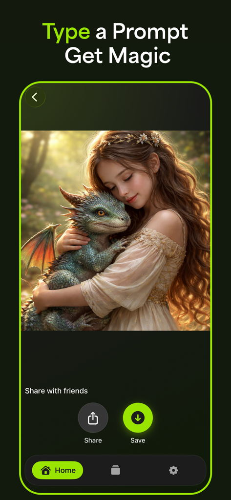 Perchance AI app displaying a generated fantasy image of a girl hugging a small dragon