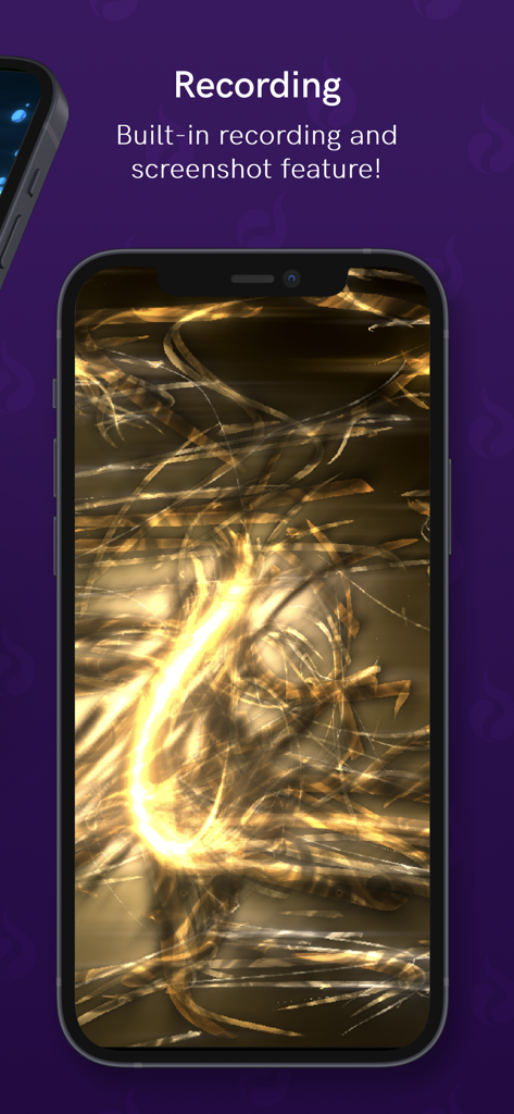 Particle Simulation - Flow Sim - Smartphone screen showing a golden particle flow with text describing the built-in recording and screenshot feature