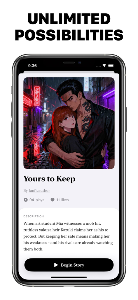 Fanfics - A mobile app interface for reading fanfiction stories showing a romance story titled Yours to Keep with anime artwork.