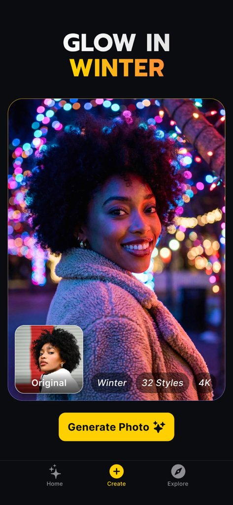 Geno: Trend AI Photo Face Swap - Geno app interface showing a woman's portrait transformed with a glowing winter AI style and festive bokeh background.