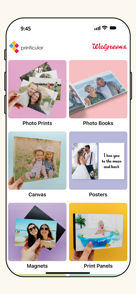 Printicular app home screen showing photo products like prints, photo books, and canvas for Walgreens pickup.