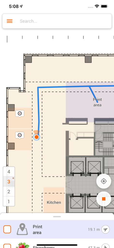 Indoor map navigation interface showing floor plan with a blue dot and path to a designated print area