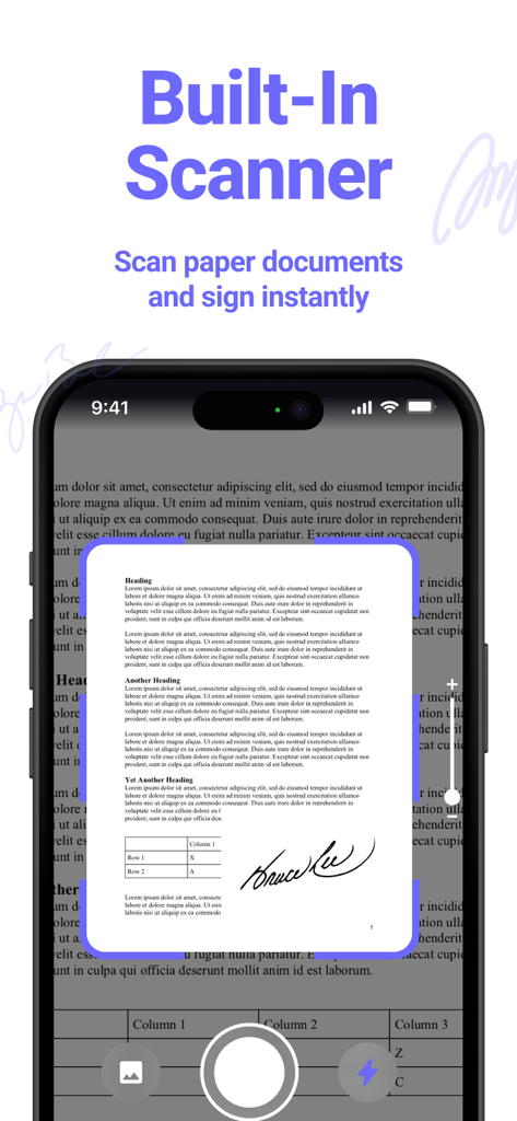 Interface of the SignSnap app showing the built-in scanner to scan and sign paper documents instantly