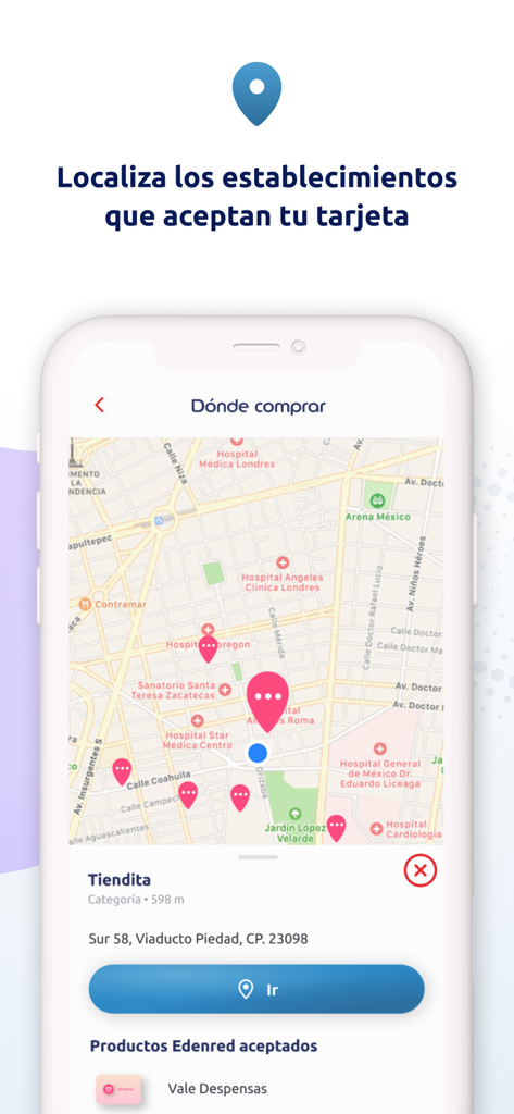 Map view in the Edenred Wallet app showing locations that accept Edenred benefit cards