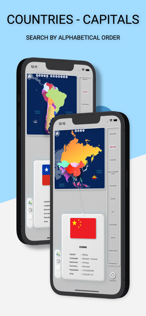 MapGo: Countries of the world - Interface of the MapGo geography app showing interactive maps and detailed country data for China